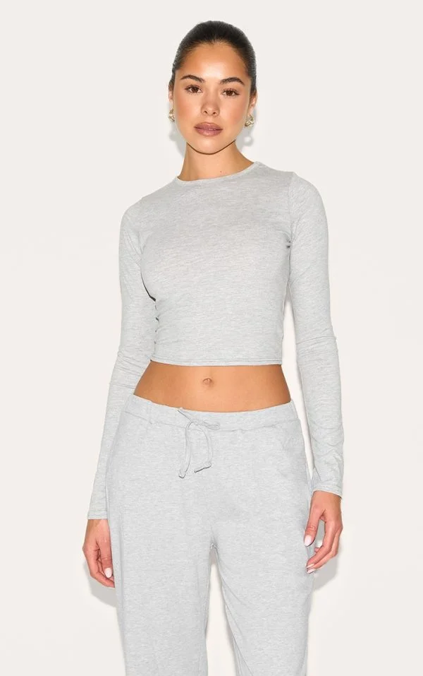 Ash Grey Cotton Jersey Long Sleeve Crew Neck Top