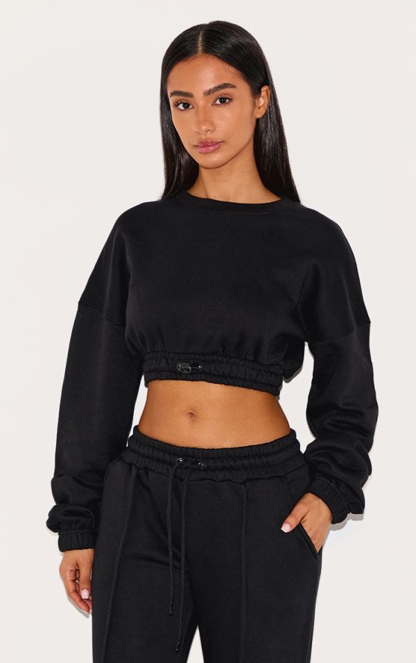 Petite Black Crop Elasticated Sweat Top