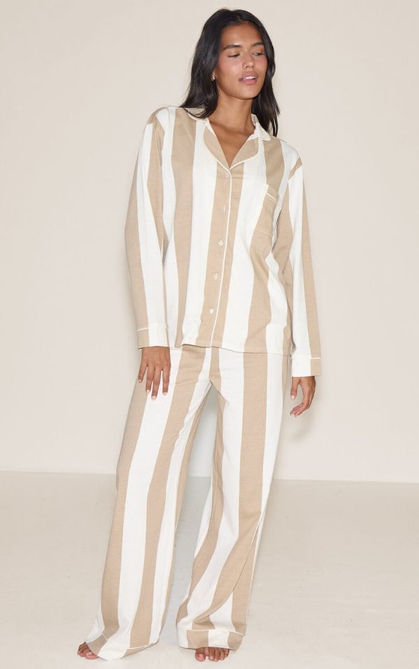 Stone Chunky Stripe Jersey Piping Detail Long Pj Set