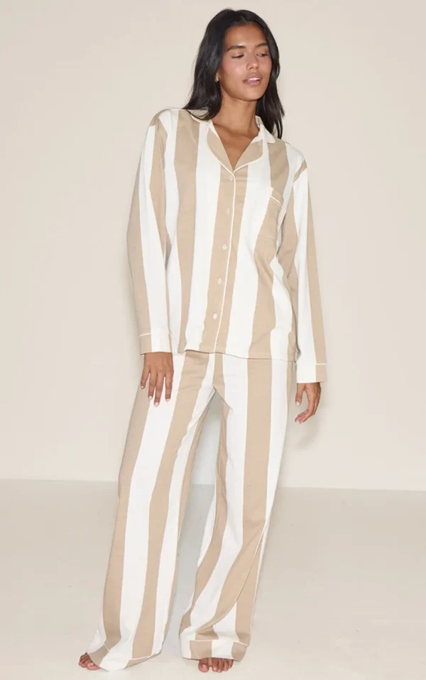 Stone Chunky Stripe Jersey Piping Detail Long Pj Set