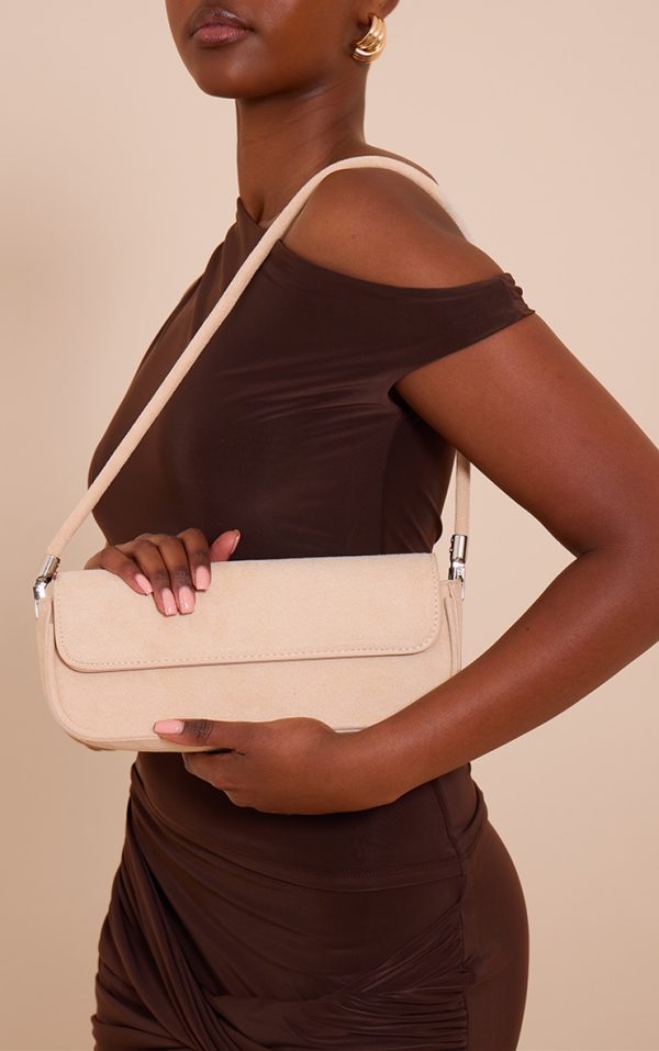Cream Faux Suede Skinny Elongated Shoulder Bag