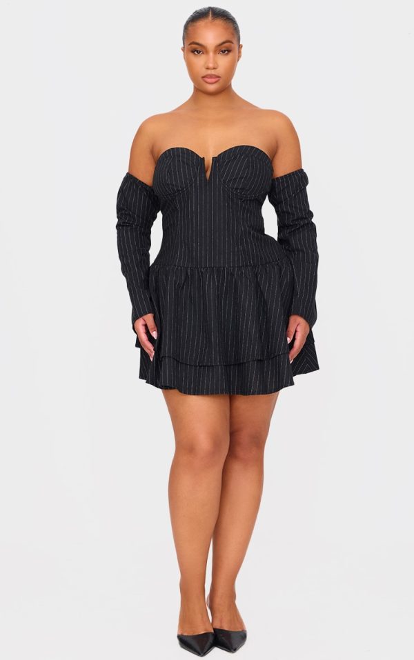 Plus Black Pinstripe Cup Detail Bardot Shift Dress