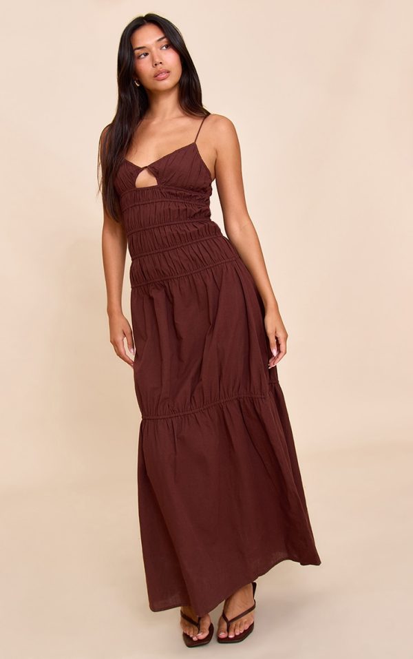 Chocolate Ruched Cut Out Maxi Dress