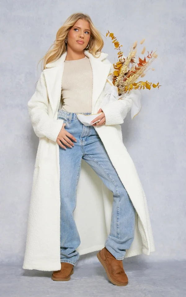 White Boucle Oversized Tie Waist Maxi Coat