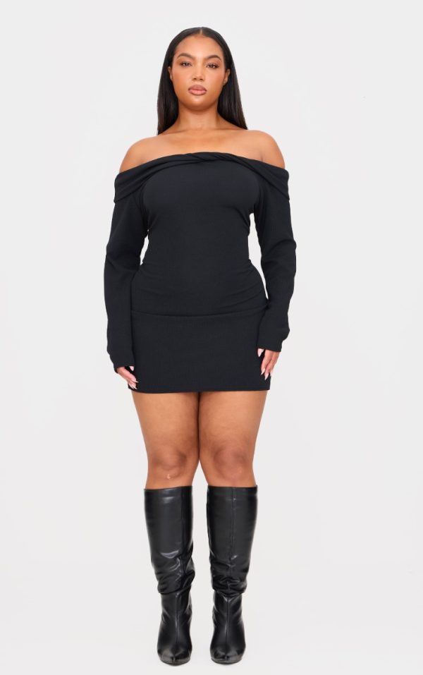 Plus Black Twist Front Bardot Ribbed Mini Dress