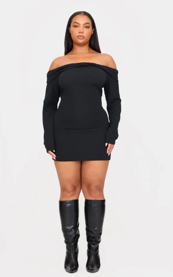 Plus Black Twist Front Bardot Ribbed Mini Dress