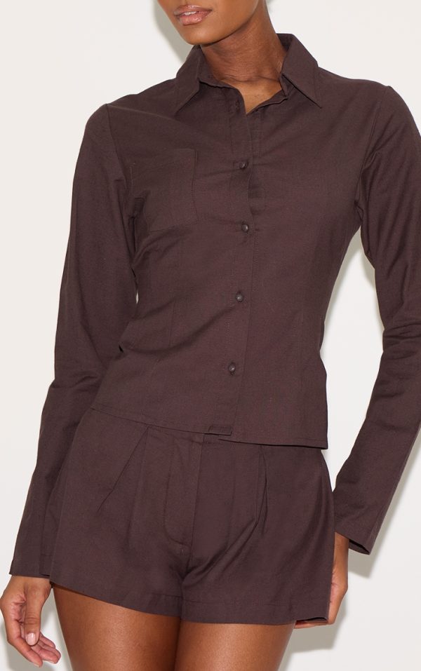 Chocolate Linen Look Pleated Mini Shorts