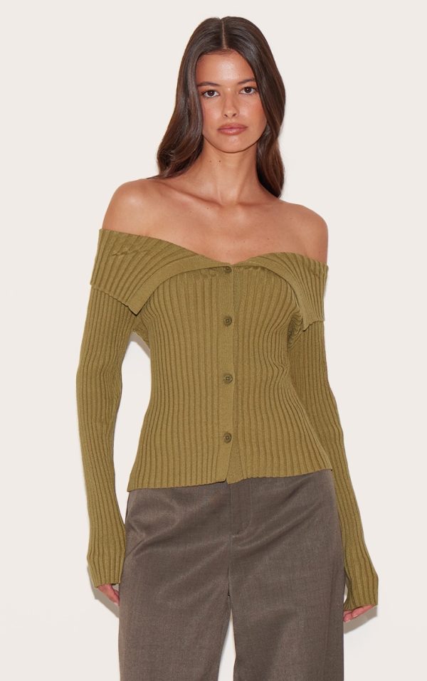 Olive Rib Knit Fold Over Button Up Top
