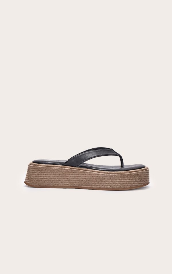 Black PU Toe Thong Round Toe Flatform Sandals