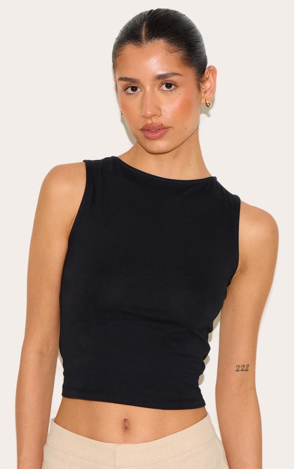 Tall Black Soft Cotton Boat Neck Sleeveless Top