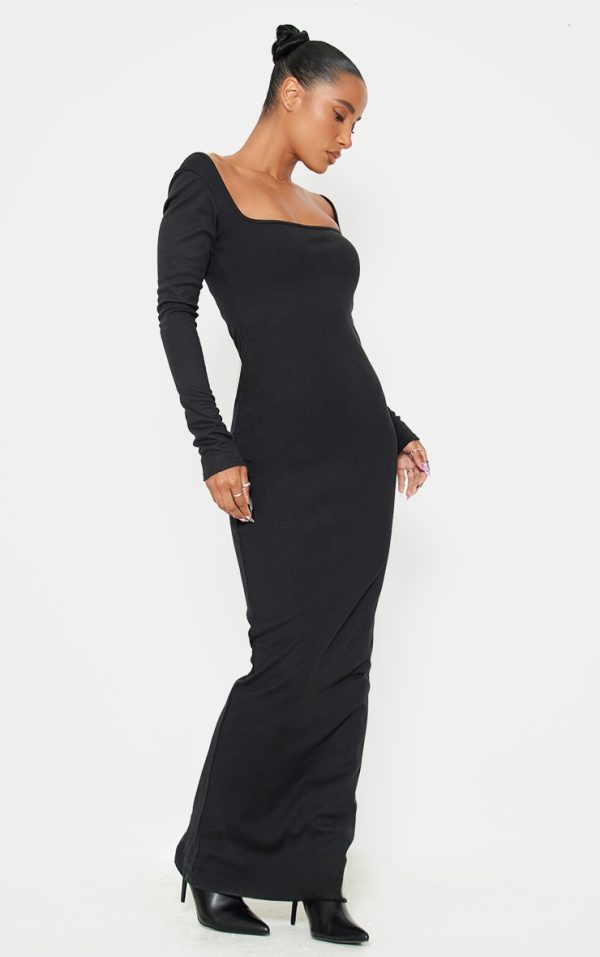 Black Heavy Rib Square Neck Maxi Dress