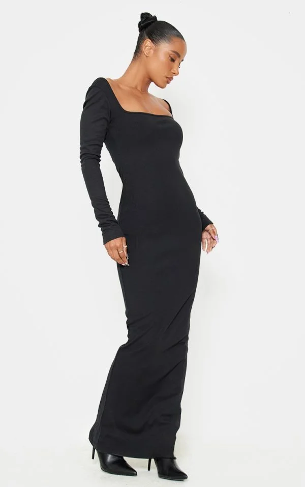 Black Heavy Rib Square Neck Maxi Dress