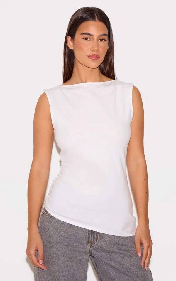 White Cotton Straight Neck Long Top