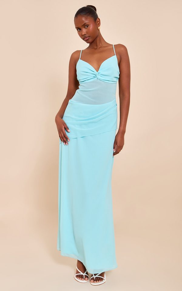 Pale Blue Chiffon Twist Mesh Maxi Dress