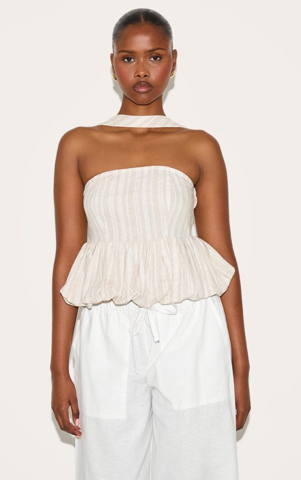 Beige Striped Bubble Hem Top