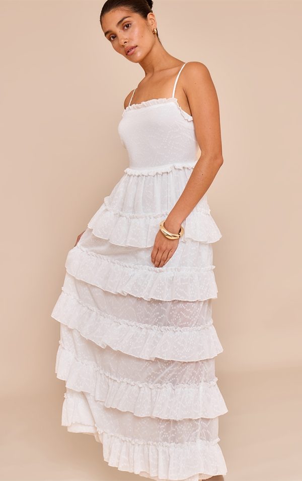 Petite White Frill Textured Tiered Maxi Dress