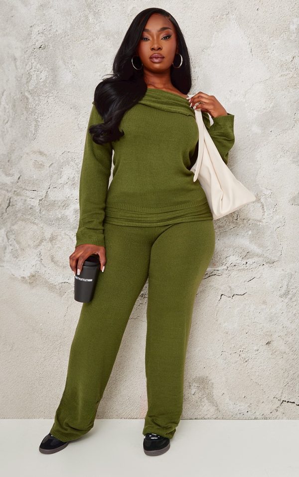 Plus Forest Green Knitted Wide Leg Pants