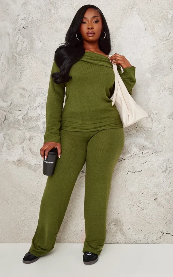 Plus Forest Green Knitted Wide Leg Pants