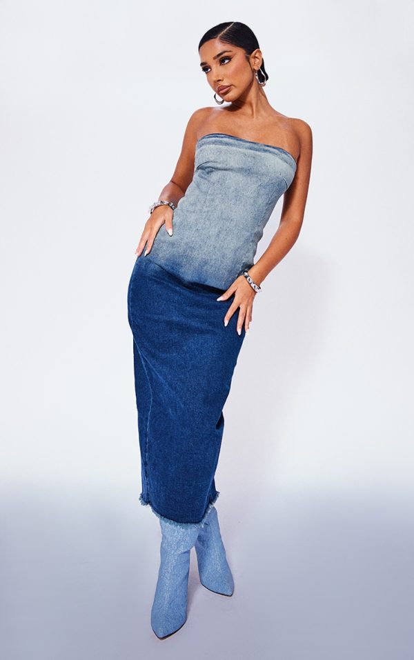 Petite Blue Washed Ombre Denim Bandeau Midaxi Dress