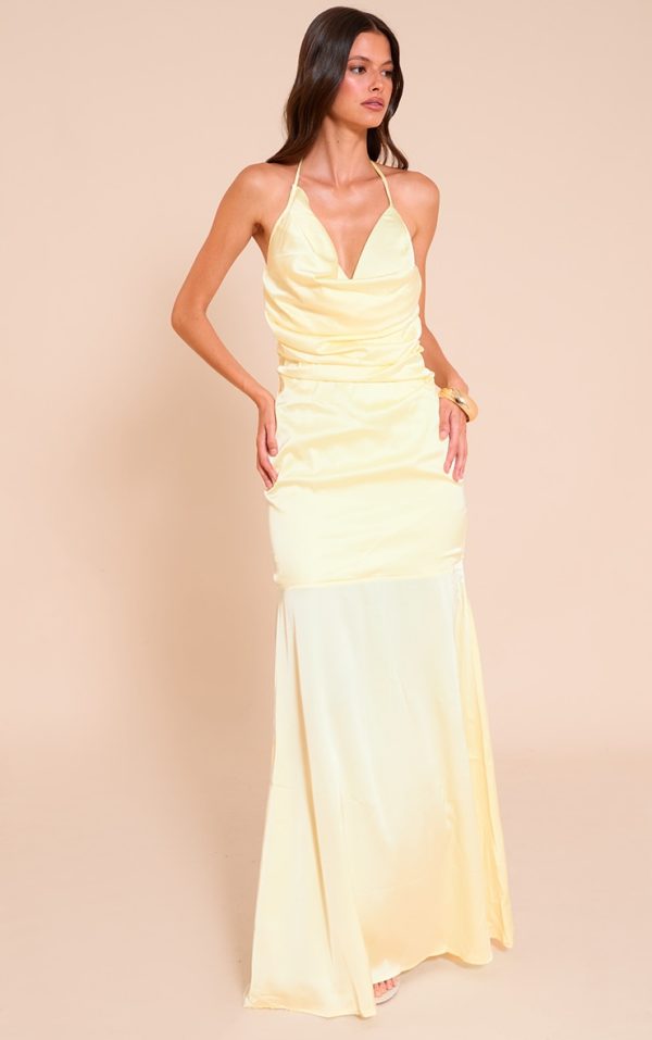 Lemon Satin Asymetric Drape Maxi Dress