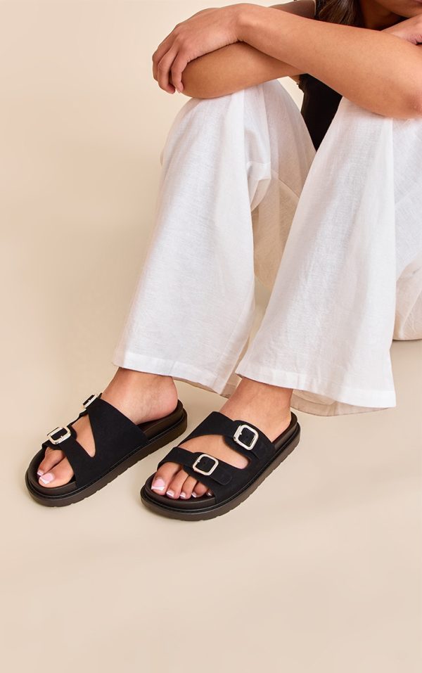 Black Faux Suede Double Buckle Footbed Sandals