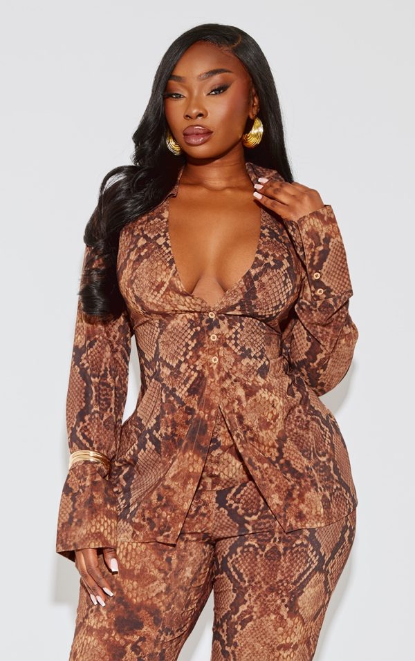 Plus Deep Brown Snake Print Chiffon Fitted Shirt