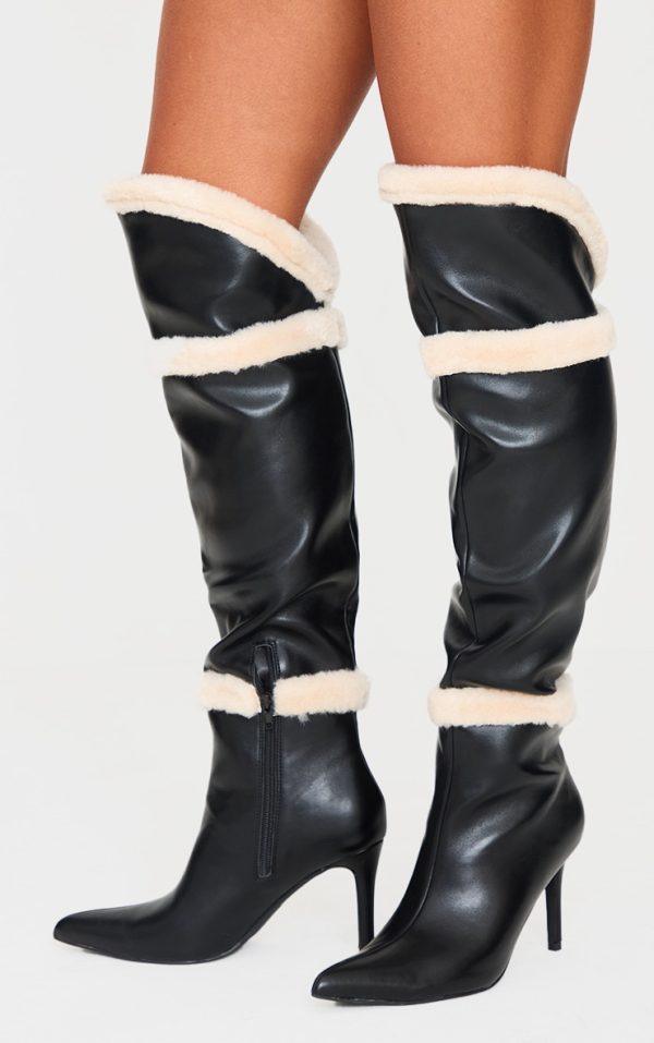 Black Pu Point Toe White Faux Fur High Stiletto Over The Knee Boots