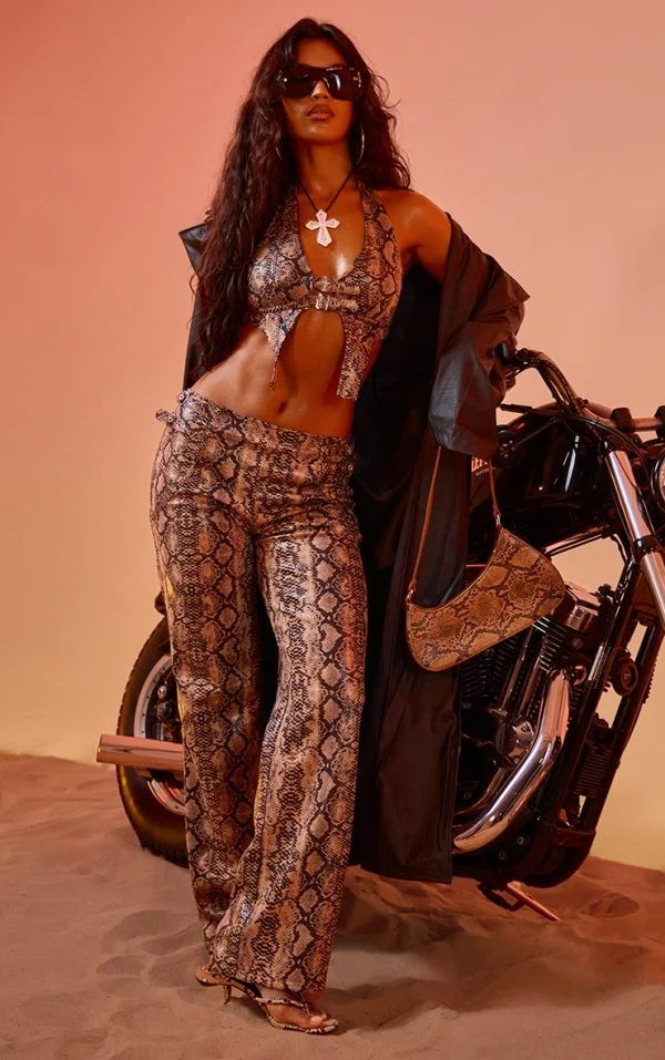 Brown Snake Print Faux Leather Belt Detail Pants