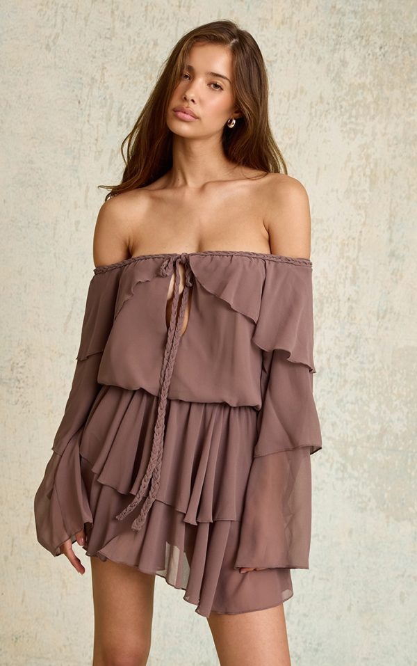 Mushroom Chiffon Ruffle Detail Long Sleeve Romper