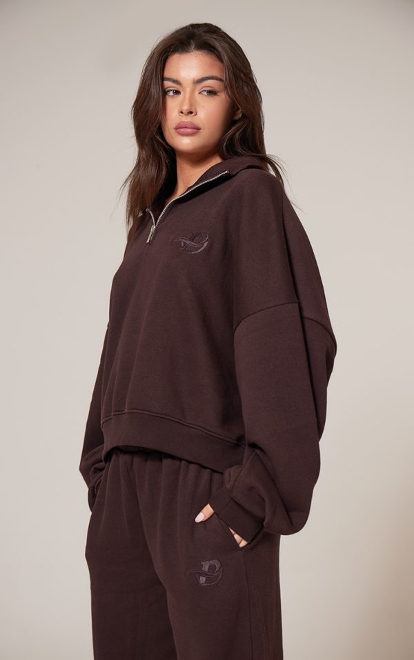 PRETTYLITTLETHING Chocolate Half Zip Embroidered Sweatshirt