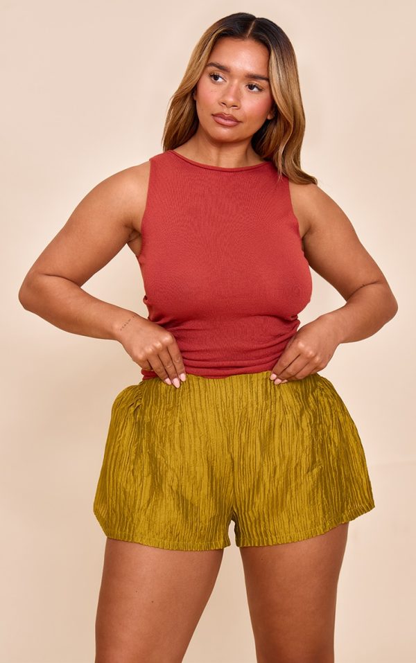 Shape Olive Textured Pleat Highwaisted Mini Shorts