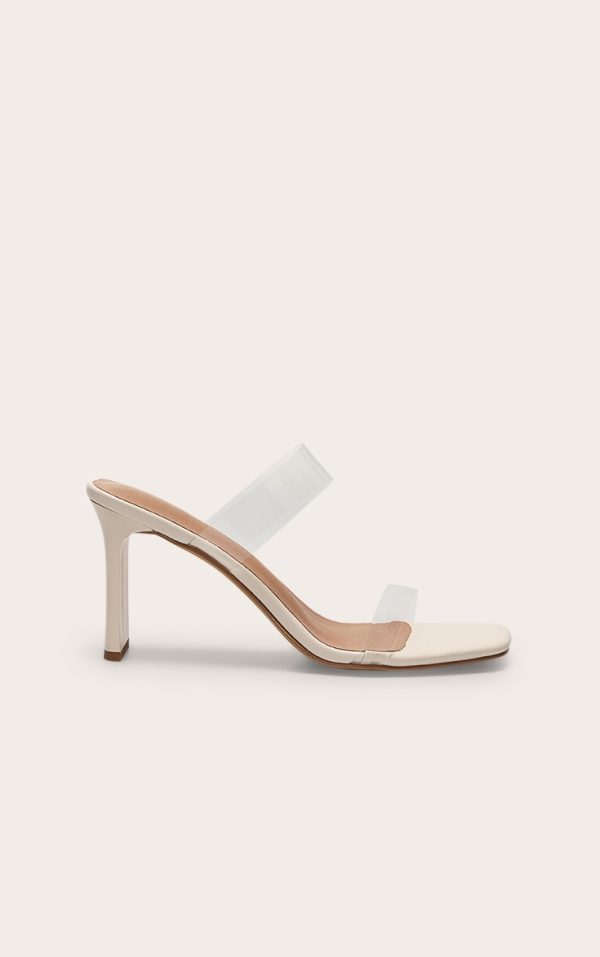 White Pu Square Toe Perspex Straps High Thin Block Heeled Mules