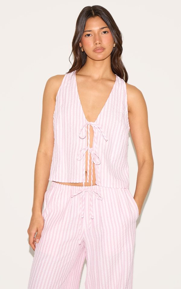 Pink Striped Sleeveless Tie Front Top