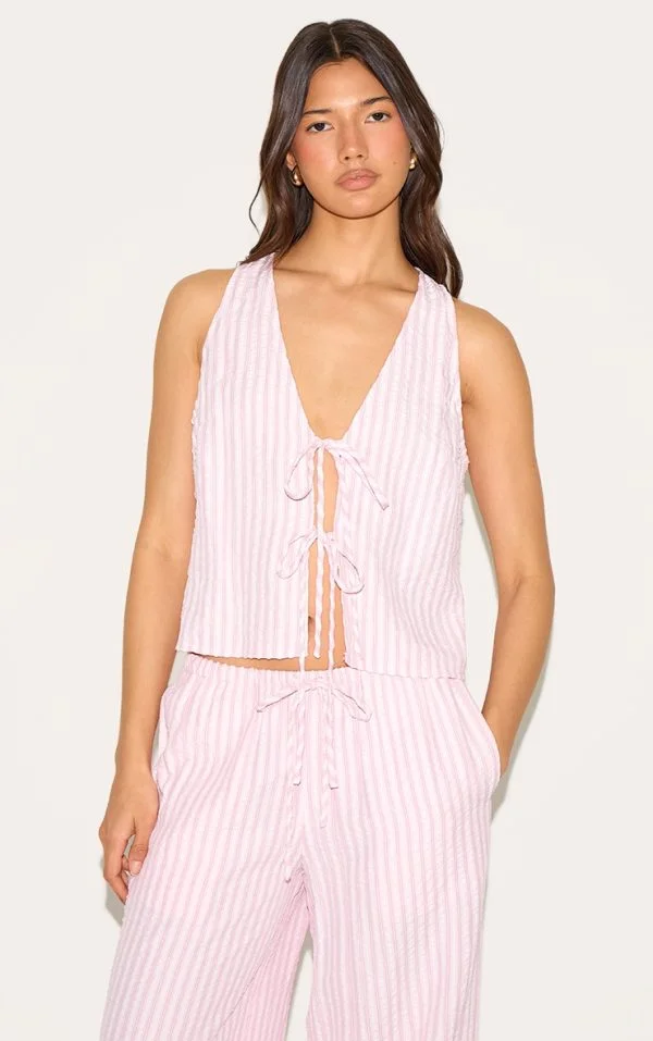 Pink Striped Sleeveless Tie Front Top