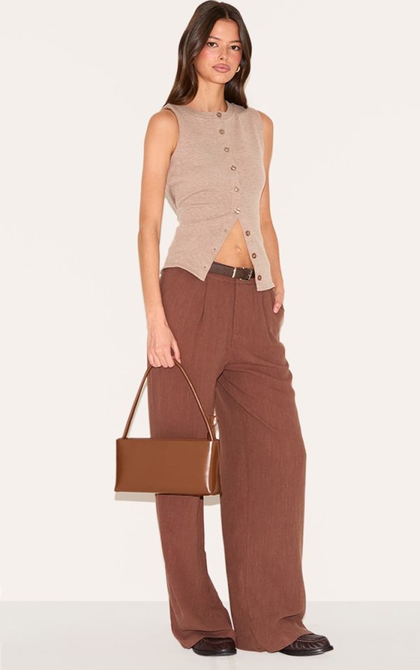 Dark Chocolate Linen Blend Tailored Straight Leg Pants