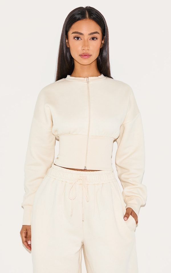Petite Cream Elasticated Hem Zip Up Sweatshirt
