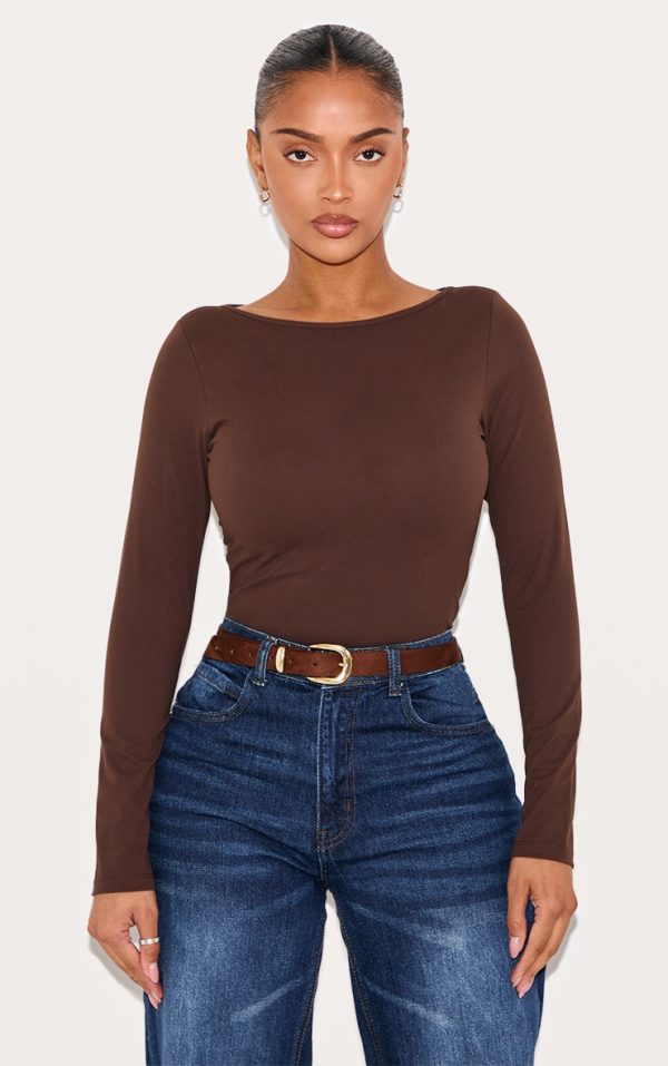 Shape Chocolate Built In Bra Sculpt Boat Neck Long Sleeve T-shirt
