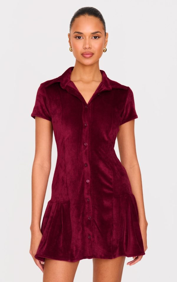 Burgundy Cord Button Down Cap Sleeve Pleated Hem Shift Dress
