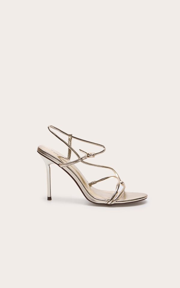 Gold Wide Fit Pu Strappy Asymmetric Buckle High Stiletto Heeled Sandals