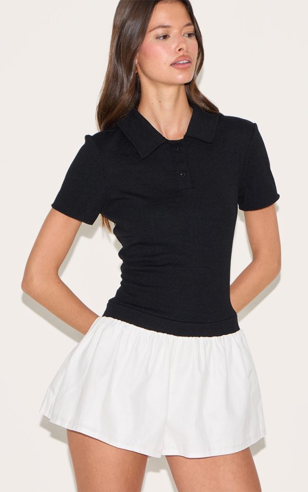 Black Rib Polo Collar Detail Skort Romper