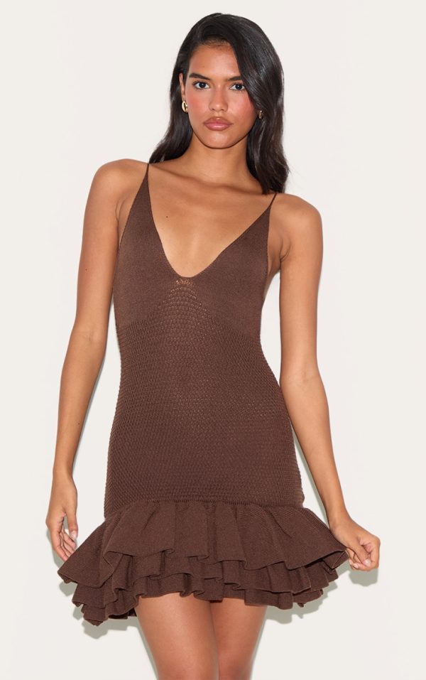 Chocolate Knitted Frill Hem Strappy Mini Dress