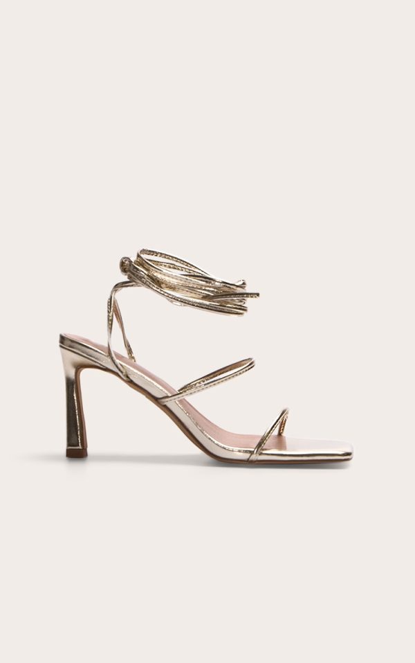 Gold Pu Square Toe Strappy Lace Up Mid Stiletto Heeled Sandals