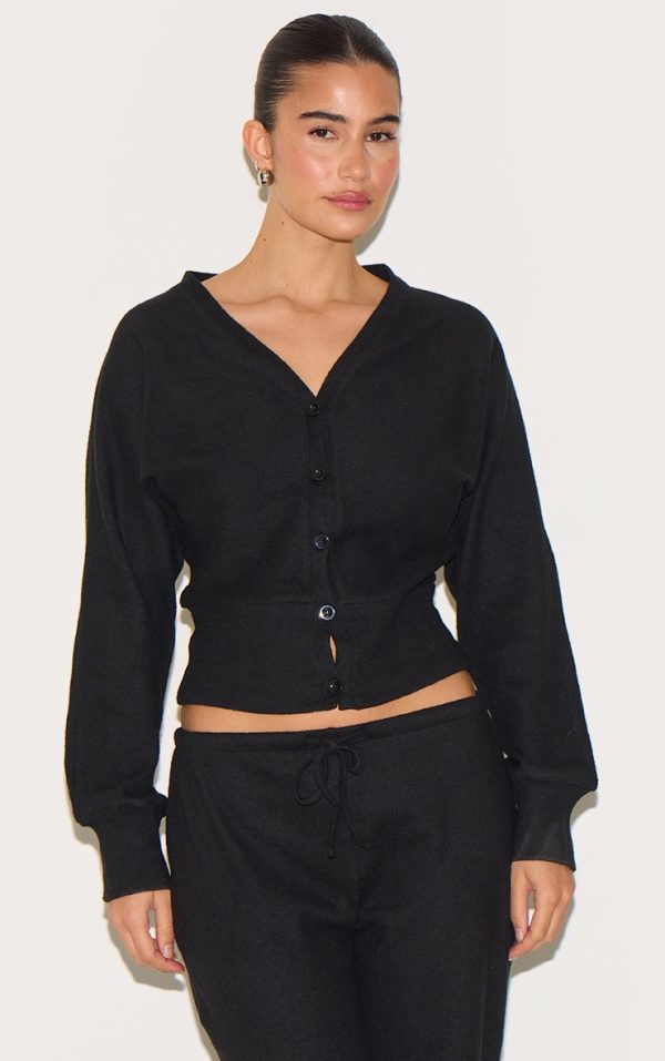 Black Soft Ribbed Button Up Cardigan