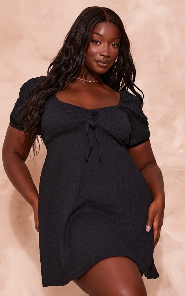 Plus Black Puff Sleeve Textured Shift Dress