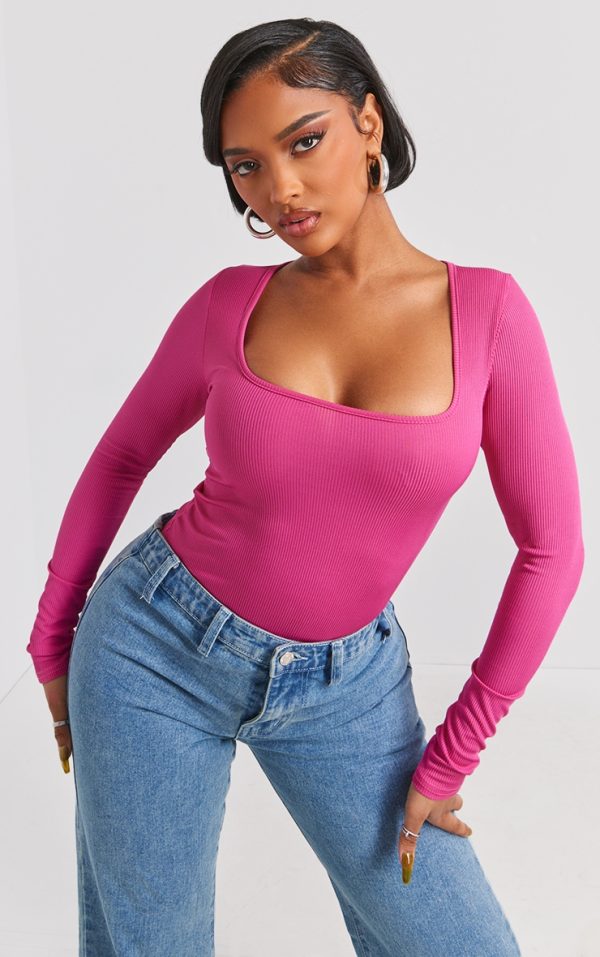 Shape Hot Pink Rib Long Sleeve Square Neck Bodysuit