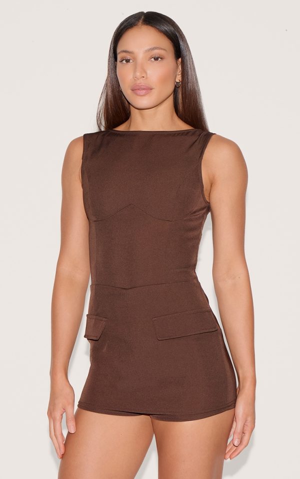 Tall Dark Chocolate Woven Pocket Detail Skort Romper