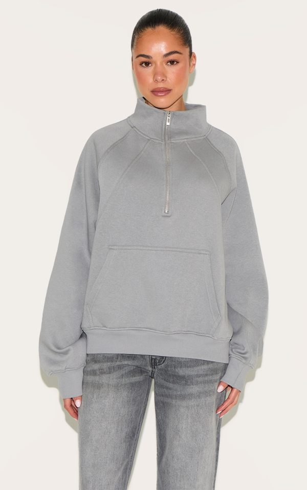 Grey Panel Detail Zip Up Pocket Oversized Sweatshirt