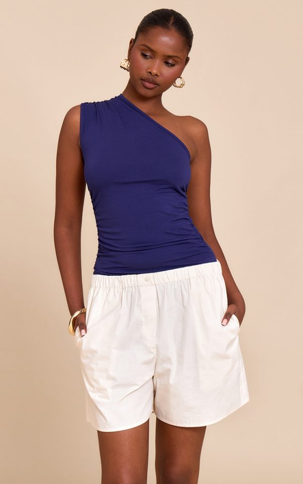Navy Asymmetric Ruched Sleeveless Long Top