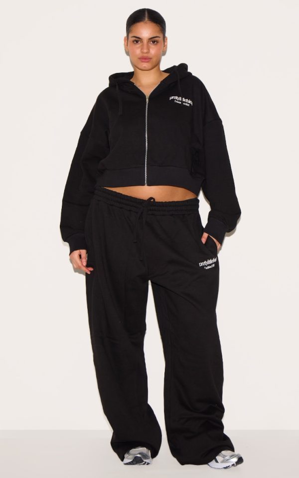 PRETTYLITTLETHING Plus Black Printed Premium Wide Leg Sweatpants