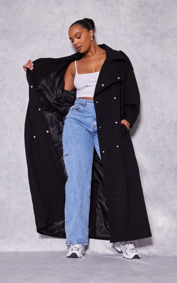 Plus Black Popper Detail Trench Coat